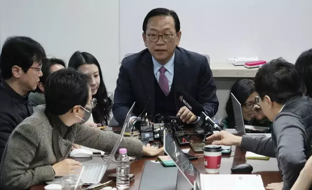 Seok Dong-hyeon, a lawyer and spokesperson for South Korea's impeached President Yoon Suk Yeol's emerging legal team, speaks during a media briefing at his office in Seoul, Thursday, Dec. 19, 2024. (AP Photo/Ahn Young-joon)