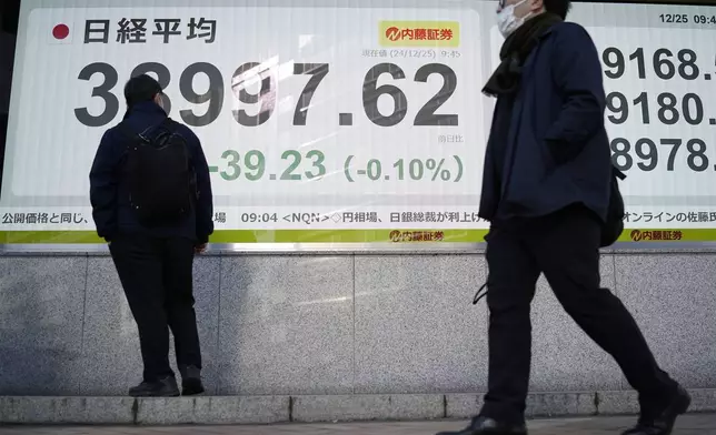 People walk in front of an electronic stock board showing Japan's Nikkei index at a securities firm Wednesday, Dec. 25, 2024, in Tokyo. (AP Photo/Eugene Hoshiko)