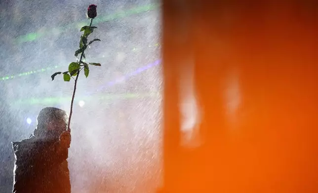 A demonstrator holds a rose while standing under running water from a fire pump used by police during a rally outside the parliament's building to protest against the government's decision to suspend negotiations on joining the European Union in Tbilisi, Georgia, on Tuesday, Dec. 3, 2024. (AP Photo/Pavel Bednyakov)