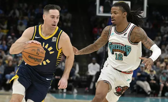 Indiana Pacers guard T.J. McConnell, left, handles the ball against Memphis Grizzlies guard Ja Morant (12) in the first half of an NBA basketball game Sunday, Dec. 1, 2024, in Memphis, Tenn. (AP Photo/Brandon Dill)