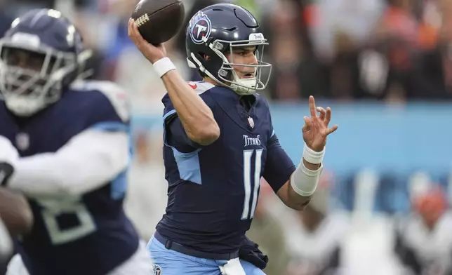 Tennessee Titans quarterback Mason Rudolph (11) throws during the second half of an NFL football game against the Cincinnati Bengals, Sunday, Dec. 15, 2024, in Nashville, Tenn. (AP Photo/George Walker IV)