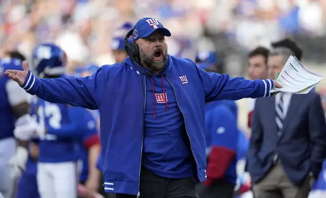 New York Giants head coach Brian Daboll reacts to an official's call in the first half of an NFL football game against the Indianapolis Colts Sunday, Dec. 29, 2024, in East Rutherford, N.J. (AP Photo/Seth Wenig)