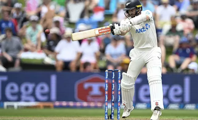 New Zealand's Kane Williamson bats during play on day one of the third cricket test between England and New Zealand in Hamilton, New Zealand, Saturday, Dec. 14, 2024. (Andrew Cornaga/Photosport via AP)