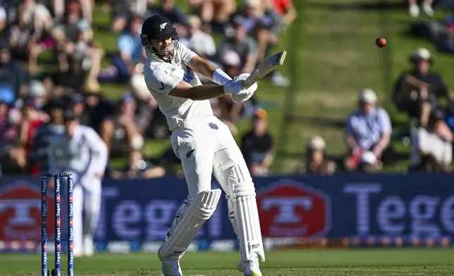 New Zealand's Tim Southee bats during play on day one of the third cricket test between England and New Zealand in Hamilton, New Zealand, Saturday, Dec. 14, 2024. (Andrew Cornaga/Photosport via AP)