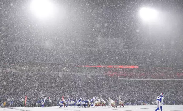 Snow falls at Highmark Stadium during the second half of an NFL football game between the Buffalo Bills and the San Francisco 49ers in Orchard Park, N.Y., Sunday, Dec. 1, 2024. (AP Photo/Adrian Kraus)