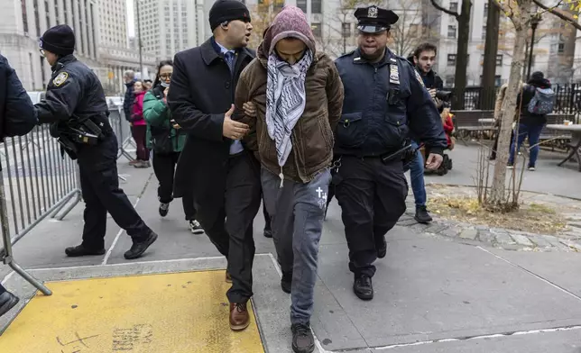 A person protesting the not guilty verdict of Daniel Penny is arrested by police outside the criminal court, Monday, Dec. 9, 2024, in New York. (AP Photo/Stefan Jeremiah)