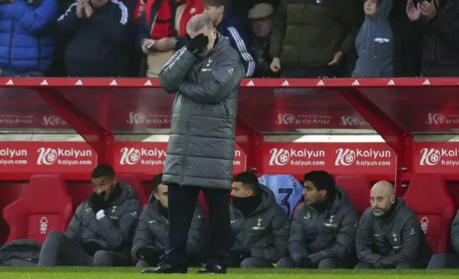 Tottenham Hotspur manager Ange Postecoglou reacts during the English Premier League soccer match between Nottingham Forest and Tottenham Hotspur at the City Ground stadium in Nottingham, England, Thursday, Dec. 26, 2024. (Mike Egerton/PA via AP)