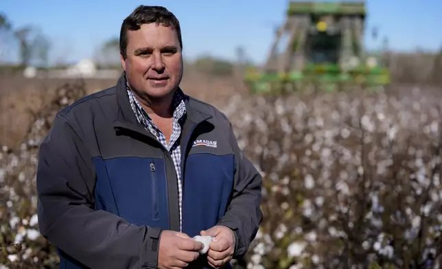 Farmer Chris Hopkins stands in one of his cotton fields before being harvested, Friday, Dec. 6, 2024, near Lyons, Ga. (AP Photo/Mike Stewart)