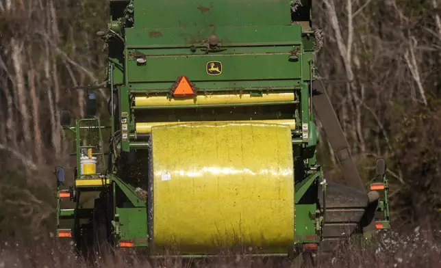 The cotton picker produced a large round bale of picked cotton, Friday, Dec. 6, 2024, near Lyons, Ga. (AP Photo/Mike Stewart)