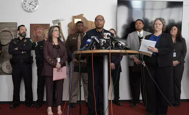 Madison Police chief Shon F. Barnes speaks at a news conference Tuesday, Dec. 17, 2024, in Madison, Wis., following a shooting at the Abundant Life Christian School on Monday. (AP Photo/Nam Y. Huh)