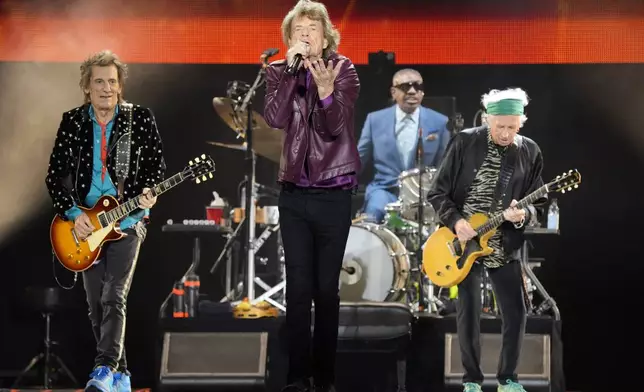 FILE - Ronnie Wood, from left, Mick Jagger, Steve Jordan, and Keith Richards of The Rolling Stones perform during the "Hackney Diamonds" tour on June 27, 2024, in Chicago. (Photo by Rob Grabowski/Invision/AP, File)