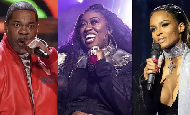 Busta Rhymes performs during the 39th Annual Rock &amp; Roll Hall of Fame Induction Ceremony in Cleveland on Oct. 19, 2024, left, Missy Elliott performs at the 2019 Essence Festival in New Orleans on July 5, 2019, center, and Ciara appears at the Black Music Collective in Los Angeles on Feb. 2, 2023. (AP Photo)