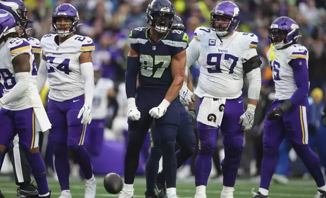 Seattle Seahawks tight end Noah Fant (87) celebrates during the second half of an NFL football game against the Minnesota Vikings, Sunday, Dec. 22, 2024, in Seattle. (AP Photo/Lindsey Wasson)