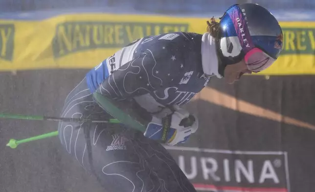 Brazil's Lucas Pinheiro Braathen reacts after competing in a men's World Cup giant slalom skiing race, Sunday, Dec. 8, 2024, in Beaver Creek. (AP Photo/John Locher)