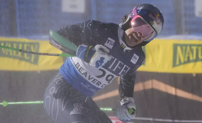 Brazil's Lucas Pinheiro Braathen reacts after competing in a men's World Cup giant slalom skiing race, Sunday, Dec. 8, 2024, in Beaver Creek. (AP Photo/John Locher)