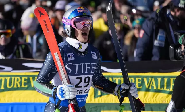 Brazil's Lucas Pinheiro Braathen reacts after competing in a men's World Cup giant slalom skiing race, Sunday, Dec. 8, 2024, in Beaver Creek. (AP Photo/John Locher)