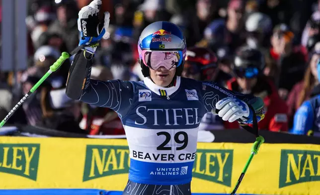 Brazil's Lucas Pinheiro Braathen reacts after competing in a men's World Cup giant slalom skiing race, Sunday, Dec. 8, 2024, in Beaver Creek. (AP Photo/John Locher)