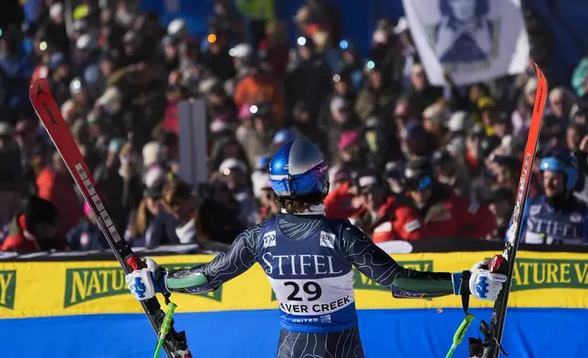 Brazil's Lucas Pinheiro Braathen reacts after competing in a men's World Cup giant slalom skiing race, Sunday, Dec. 8, 2024, in Beaver Creek. (AP Photo/John Locher)