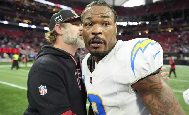 Los Angeles Chargers safety Derwin James Jr. (3) walks off the filed after an NFL football game against the Atlanta Falcons on Sunday, Dec. 1, 2024 in Atlanta. (AP Photo/Mike Stewart)