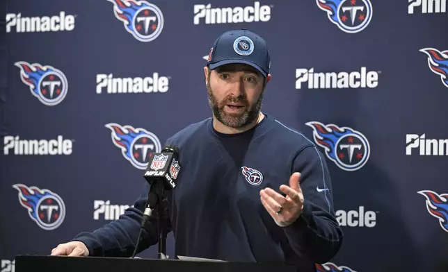 Tennessee Titans head coach Brian Callahan answers questions from reporters after an NFL football game against the Jacksonville Jaguars, Sunday, Dec. 29, 2024, in Jacksonville, Fla. (AP Photo/Phelan M. Ebenhack)