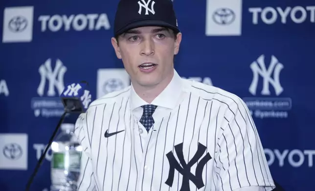 New York Yankees' Max Fried speaks during a baseball news conference, Wednesday, Dec. 18, 2024, in New York. (AP Photo/Frank Franklin II)