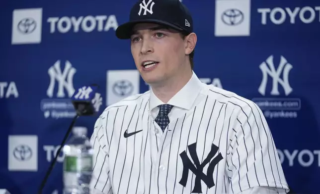 New York Yankees' Max Fried speaks during a baseball news conference, Wednesday, Dec. 18, 2024, in New York. (AP Photo/Frank Franklin II)