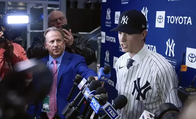 New York Yankees' Max Fried responds to questions during a baseball news conference, Wednesday, Dec. 18, 2024, in New York. (AP Photo/Frank Franklin II)