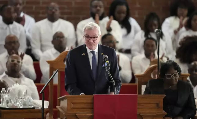 FILE - New Jersey Gov. Phil Murphy speaks during a ceremony celebrating the life of gospel singer Cissy Houston, at the New Hope Baptist Church in Newark, N.J., Oct. 17, 2024. (Photo by Charles Sykes/Invision/AP File)