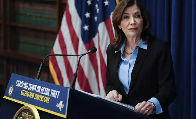 FILE - New York Gov. Kathy Hochul speaks at a press conference in the Queens borough of New York, Nov. 26, 2024. (AP Photo/Julia Demaree Nikhinson, File)