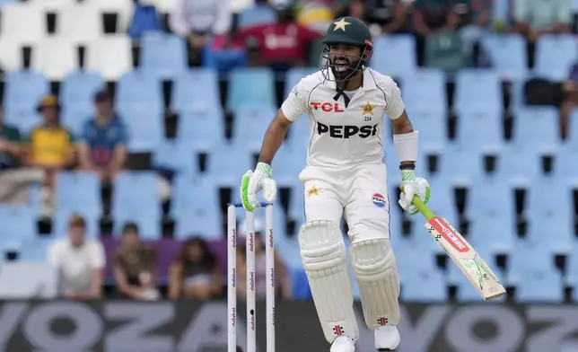 Pakistan's Mohammad Rizwan reacts after playing a short ball during day three of the Test cricket match between South Africa and Pakistan, at the Centurion Park in Centurion, South Africa, Saturday, Dec. 28, 2024. (AP Photo/Themba Hadebe)