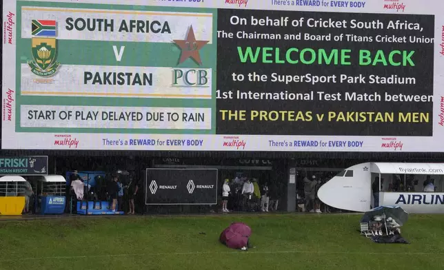 Rain delays the start of day three of the Test cricket match between South Africa and Pakistan, at the Centurion Park, in Centurion, South Africa, Saturday, Dec. 28, 2024. (AP Photo/Themba Hadebe)