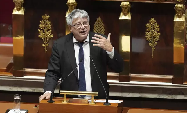 French far-left France Unbowed party parliament member Eric Coquerel speaks at the National Assembly prior to a no-confidence vote that could bring down the Prime Minister and the government for the first time since 1962, Wednesday, Dec. 4, 2024 in Paris. (AP Photo/Michel Euler)