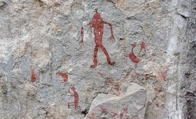 This photo provided by researchers shows prehistoric drawings at the Santa Elina excavation site in the Mato Grosso state of Brazil. (Águeda Vilhena Vialou, Denis Vialou via AP)