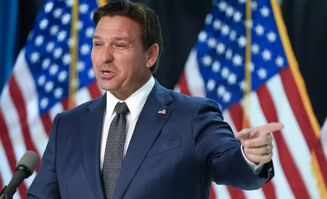 FILE - Florida Gov. Ron DeSantis delivers remarks and answers questions at a news conference, Sept. 16, 2024, in Orlando, Fla. (AP Photo/John Raoux, File)