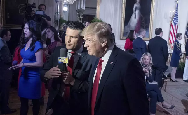 FILE - President Donald Trump appears on Fox &amp; Friends co-host Pete Hegseth at a Wounded Warrior Project Soldier Ride event in the East Room of the White House in Washington, April 6, 2017. (AP Photo/Andrew Harnik, File)