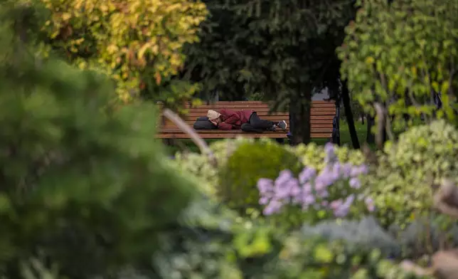 FILE - A man sleeps on a bench in a park in Chisinau, Moldova, Friday, Oct. 18, 2024. (AP Photo/Vadim Ghirda, File)