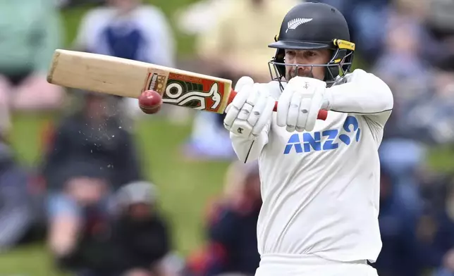 New Zealand's Tom Blundell bats during play on day three of the second cricket test between New Zealand and England at the Basin Reserve in Wellington, New Zealand, Sunday, Dec.8, 2024. (Andrew Cornaga/Photosport via AP)