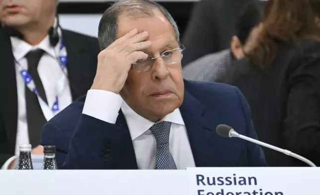 CORRECTS ID Russia's Foreign Minister Sergei Lavrov gestures during a plenary session of the 31st Organization for Security and Cooperation in Europe (OSCE) Ministerial summit, in Ta'Qali, Malta, Thursday, Dec. 5, 2024. (Alberto Pizzoli/Pool Photo via AP)