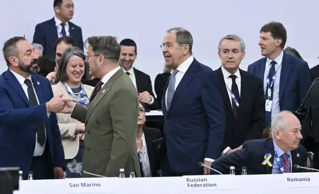 Russia's Foreign Minister Sergei Lavrov, center, arrives to attend a plenary session of the 31st Organization for Security and Cooperation in Europe (OSCE) Ministerial summit, in Ta'Qali, Malta, Thursday, Dec. 5, 2024. (Alberto Pizzoli/Pool Photo via AP)