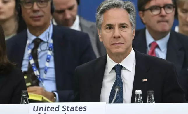 US Secretary of State Antony Blinken attends a plenary session of the 31st Organization for Security and Cooperation in Europe (OSCE) Ministerial summit, in Ta'Qali, Malta, Thursday, Dec. 5, 2024. (Alberto Pizzoli/Pool Photo via AP)