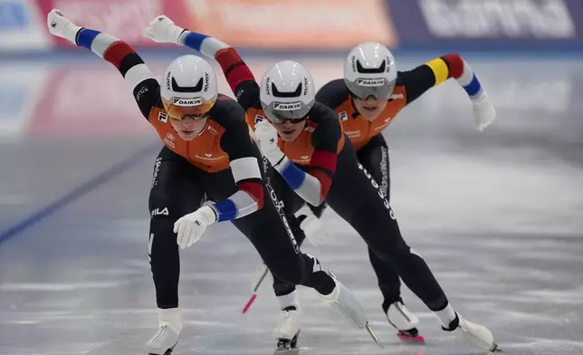 Gold medalists Team Netherlands competes in the Team Sprint Women race of the ISU World Cup Speed Skating Beijing 2024 held at the National Speed Skating Oval in Beijing, Sunday, Dec. 1, 2024. (AP Photo/Ng Han Guan)