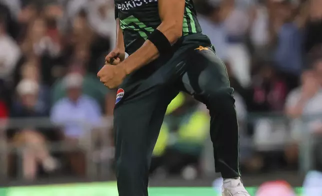 Pakistan fast bowler Shaheen Afridi celebrates the wicket of South Africa's Marco Jansen during the second ODI International cricket match between South Africa and Pakistan in Cape Town, South Africa, Thursday, Dec. 19, 2024. (AP Photo/Halden Krog)