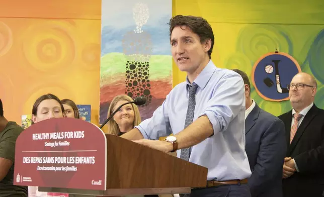 Canada Prime Minister Justin Trudeau speaks at an event where it was announced that Prince Edward Island has signed on to the Federal School food program, in Mount Stewart, Prince Edward Island, Canada, Friday, Nov. 29, 2024. (Ron Ward/The Canadian Press via AP)