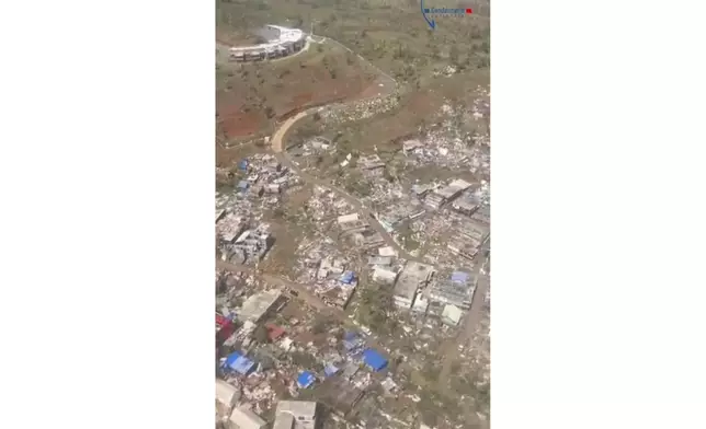 This image taken from video released by the Gendarmerie Nationale, shows massive damage from Cyclone Chido in the French territory of Mayotte, Sunday, Dec. 15, 2024. (Gendarmerie Nationale via AP)