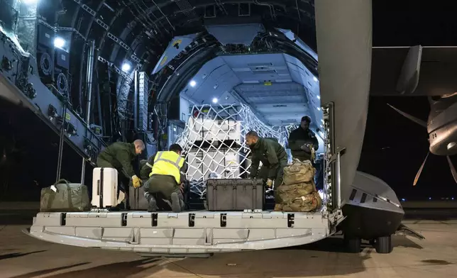 This photo provided Sunday Dec.15, 2024 by the French Army shows soldiers loading relief for the island of Mayotte, in the Indian Ocean, after Cyclone Chido caused extensive damage with reports of several fatalities, Saturday Dec.14, 2024 in Orleans, central France. (Laure-Anne Maucorps/ Etat Major des Armées via AP)