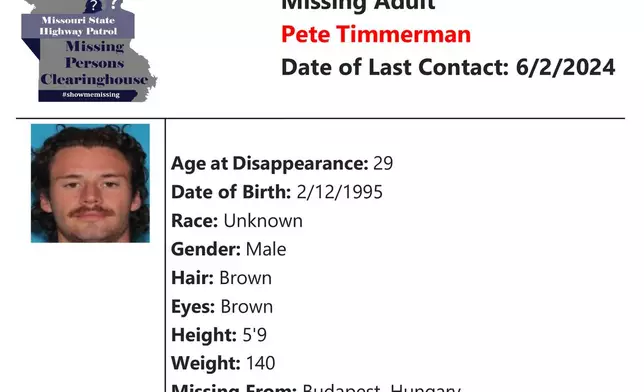 This image from the Missouri State Highway Patrol bulletin that shows Pete Travis Timmerman, who went by Travis, had been missing since June and turned up in Syria on Thursday, Dec. 12, 2024, who said he had been detained after crossing into Syria on foot seven months ago while on a Christian pilgrimage. (Missouri State Highway Patrol via AP)