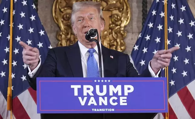 President-elect Donald Trump speaks during a news conference at Mar-a-Lago, Monday, Dec. 16, 2024, in Palm Beach, Fla. (AP Photo/Evan Vucci)