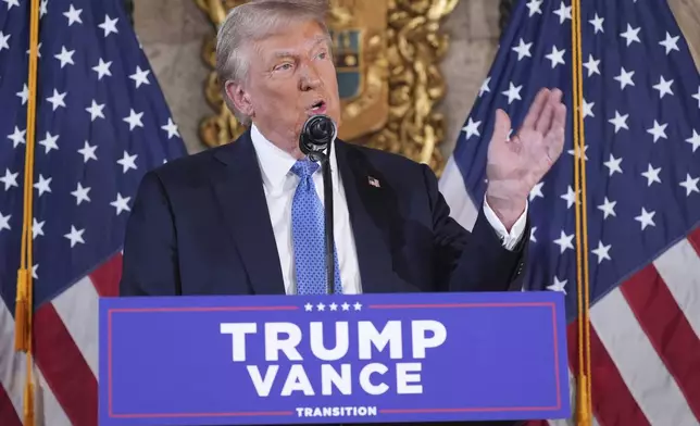 President-elect Donald Trump speaks during a news conference at Mar-a-Lago, Monday, Dec. 16, 2024, in Palm Beach, Fla. (AP Photo/Evan Vucci)