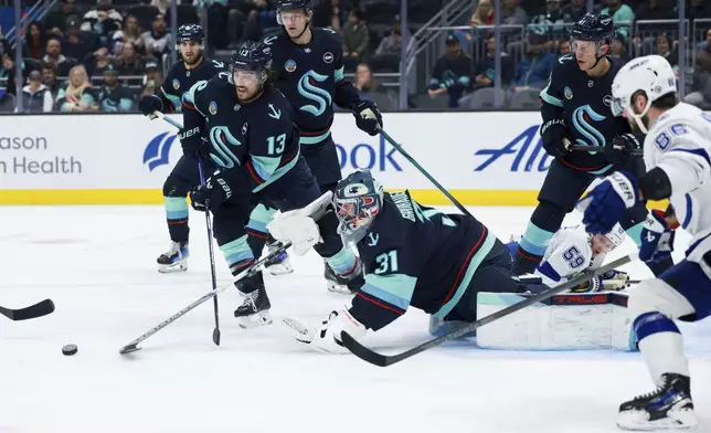 Seattle Kraken goaltender Philipp Grubauer (31) dives next to left wing Brandon Tanev (13) to save the puck during the first period of an NHL hockey game against the Tampa Bay Lightning Saturday, Dec. 14, 2024, in Seattle. (AP Photo/Maddy Grassy)