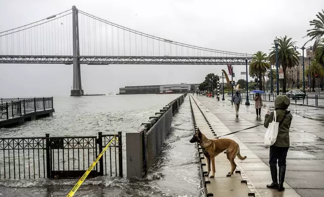 Water from the San Francisco Bay spills onto the Embarcadero in San Francisco on Saturday, Dec. 14, 2024, as a result of high tides and storm-driven waves. (AP Photo/Noah Berger)